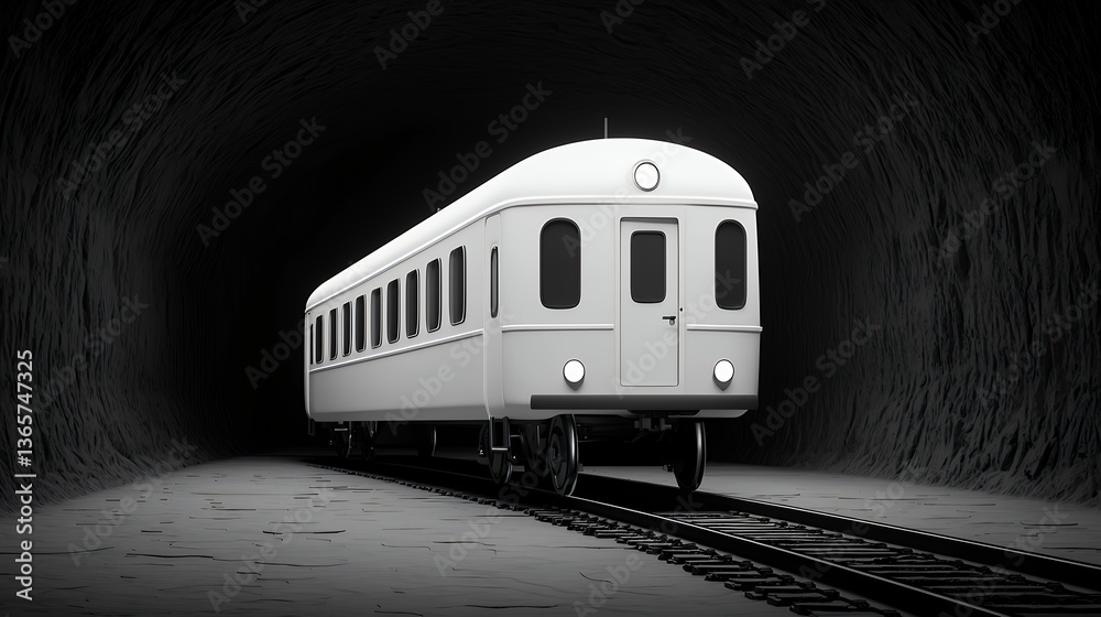 Fototapeta premium White Vintage Train Car in Dark Tunnel with Dim Lighting and Tracks