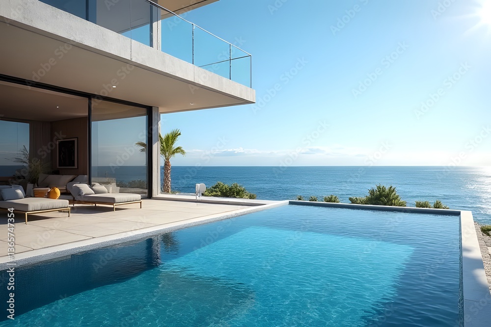 Fototapeta premium Tranquil coastal villa showcasing breathtaking ocean views, infinity pool, and minimalist modern architecture under bright sunlight.