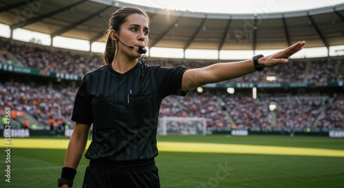 Female referee directing a soccer match in a packed stadium under bright lights during the game