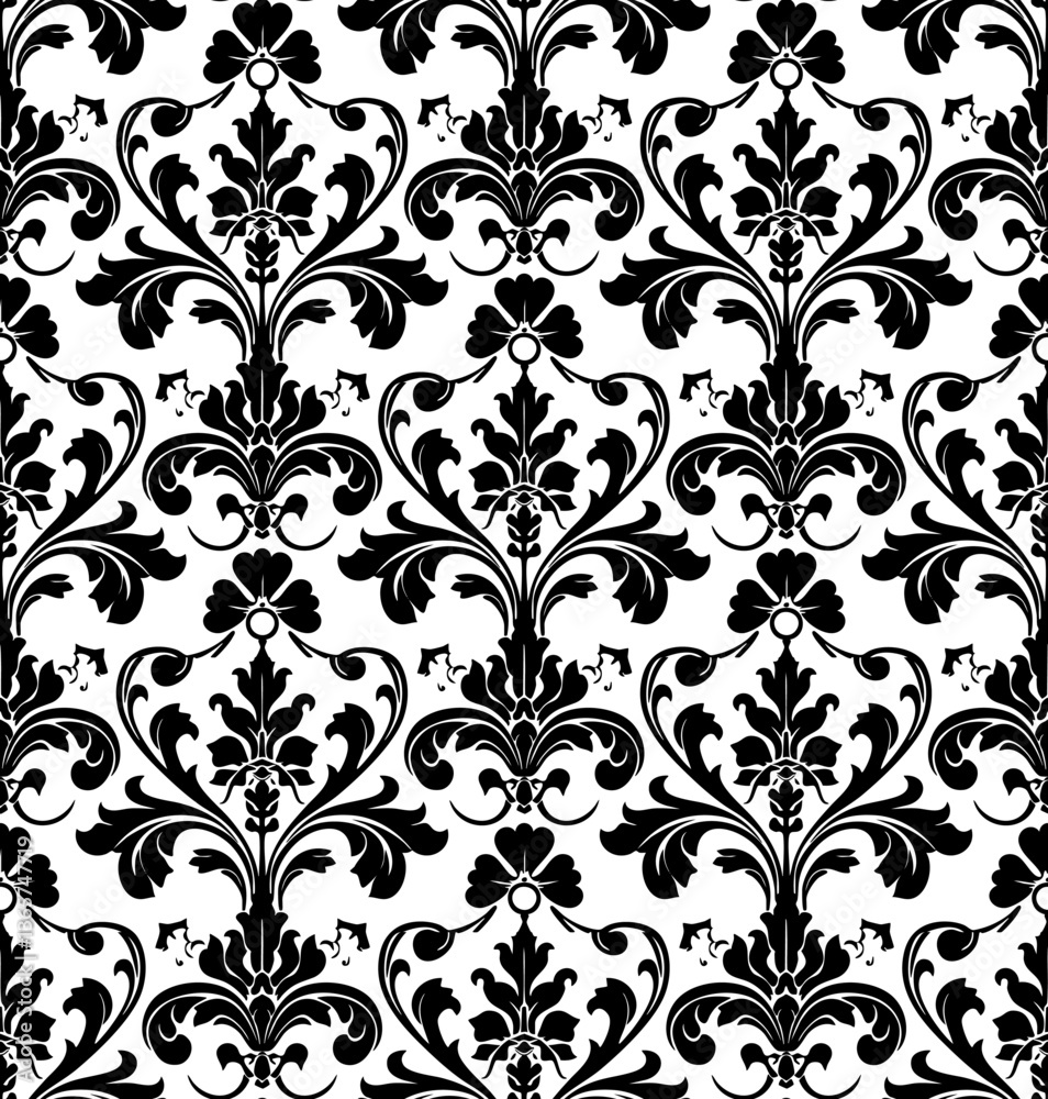 Black damask pattern seamless on white background. Vintage seamless floral background. Old retro flower ornate vector luxury wallpaper. Elegant victorian tile design.