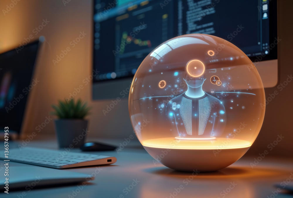 Futuristic AI interface. A high-tech workspace featuring a glowing holographic human figure inside a transparent sphere, surrounded by digital icons and coding screens