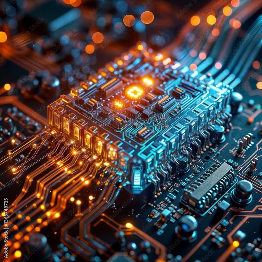 Glowing computer circuit board. Detailed close-up of a motherboard with vibrant orange lights flowing through the computer circuits.
