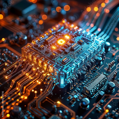 Obraz na płótnie Glowing computer circuit board. Detailed close-up of a motherboard with vibrant orange lights flowing through the computer circuits. w salonie