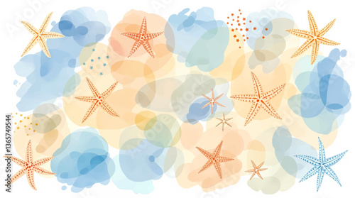Seamless watercolor pattern of hand drawn nautilus shells and smooth sea pebbles on a white background, Watercolor pattern shells on white background	