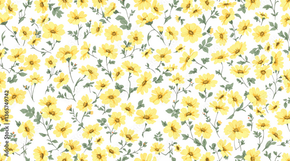 Watercolor yellow flower background, Yellow watercolor flowers seamless pattern on white background, Seamless pattern of a yellow peach rose flower with watercolor