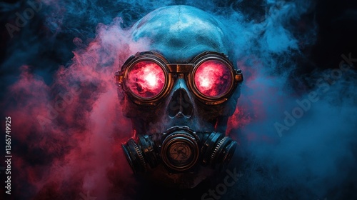 Skull wearing goggles and gas mask in colorful smoke.