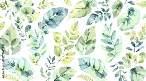 Watercolor pattern green leaves white background