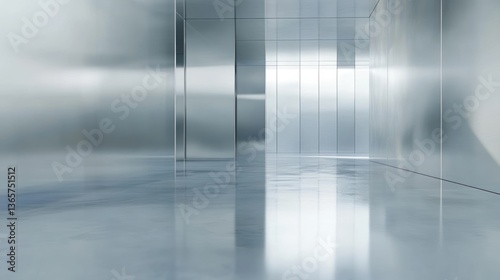 Sleek, modern, metallic corridor interior with reflective floor and walls, bright light at the end.