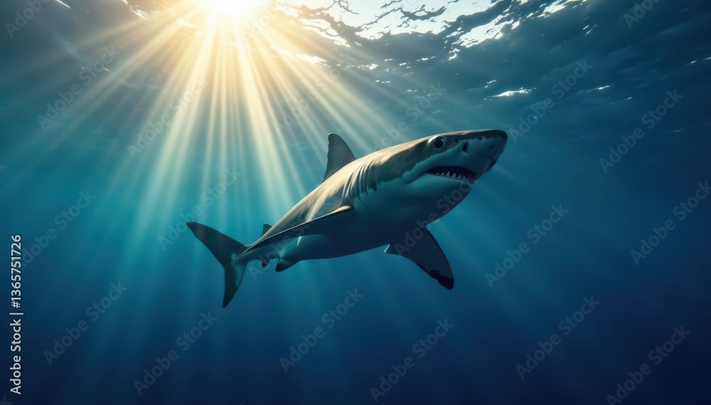 Fototapeta premium Great white shark, sunbeams pierce deep blue water, beautiful, sun ray