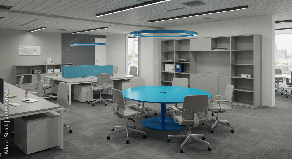 A modern collaborative workspace designed for efficient teamwork, featuring a vibrant blue circular meeting table and sleek gray modular furniture under bright, clean lighting. A modern collaborative workspace designed for efficient teamwork, featuring a vibrant blue circular meeting table and sleek gray modular furniture under bright, clean lighting.