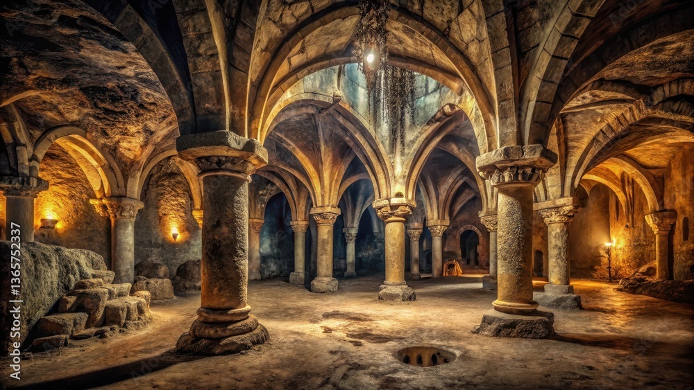 Obraz premium A dimly lit vaulted catacomb dungeon with ancient stone walls and a high ceiling, surrounded by stalactites and stalagmites, with a sense of mystery and age , stone walls, stalagmites