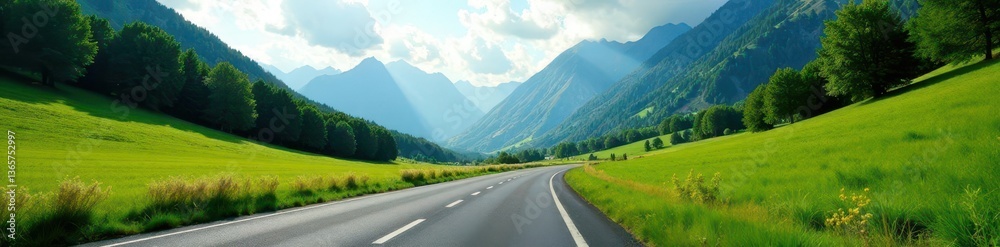 Fototapeta premium Asphalt road cuts through verdant valley, mountains in distance , destination, asphalt, scenic