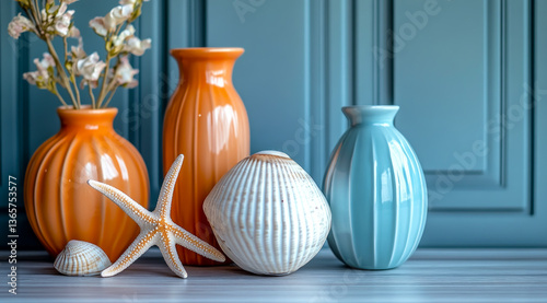 Vibrant coastal decor featuring starfish, seashells, and colorful vases for beach-inspired home styling
