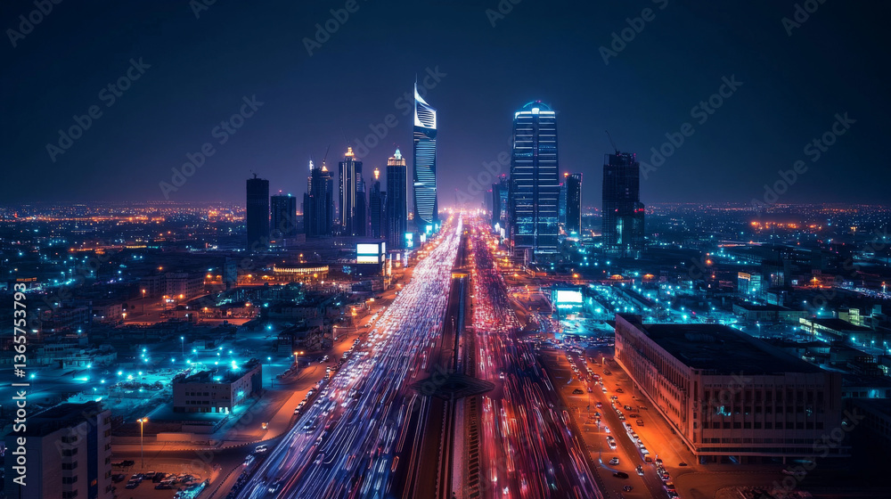 Fototapeta premium A beautifully long-exposure photograph capturing the illuminated KAFD district in Riyadh