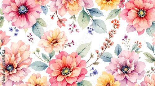 Watercolor flowers seamless pattern on white background