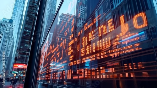 Giant stock market ticker illuminates city streets as financial news updates capture attention