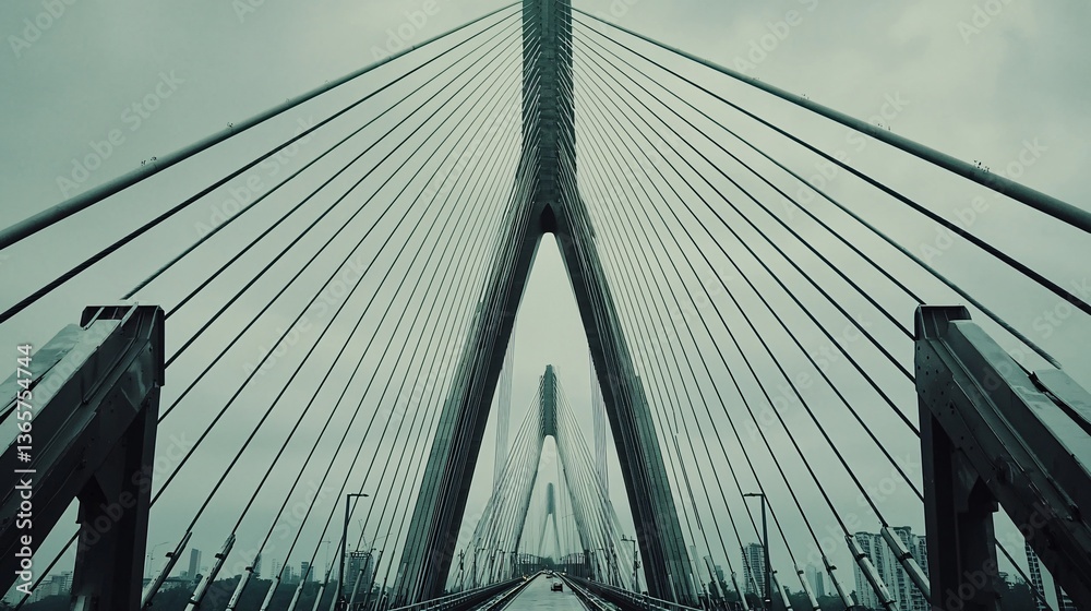 Naklejka premium view of a suspension bridge's steel cables and metal supports. bottom view, suspension bridge, steel cables, metal supports, industrial design, structural engineering, detailed shot, bridge