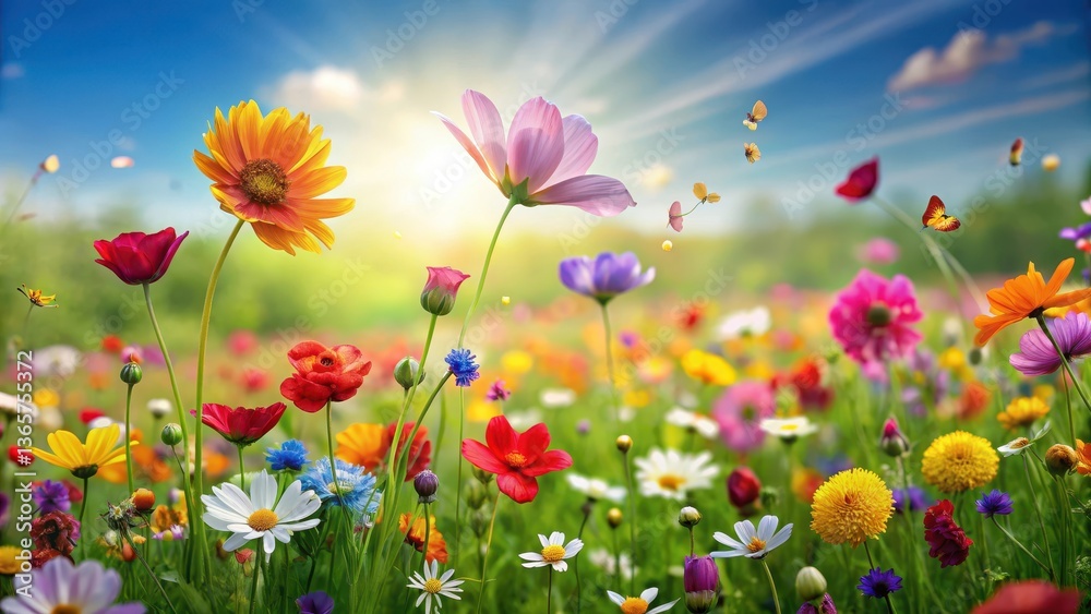 Vibrant petals of various colors sway gently in the spring breeze amidst a vast expanse of blooming flowers in a lush green field , Springtime, Flower Field Vibrant petals of various colors sway gently in the spring breeze amidst a vast expanse of blooming flowers in a lush green field , Springtime, Flower Field