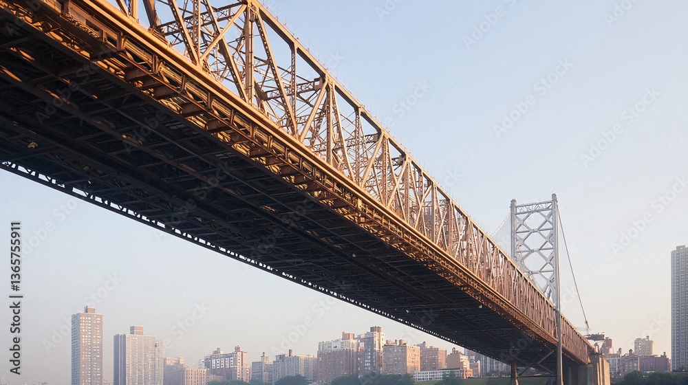 Obraz premium perspective of a modern steel bridge undercarriage with clean lines and geometric patterns. modern steel bridge, symmetrical perspective, geometric patterns, clean lines, metal beams, urban 