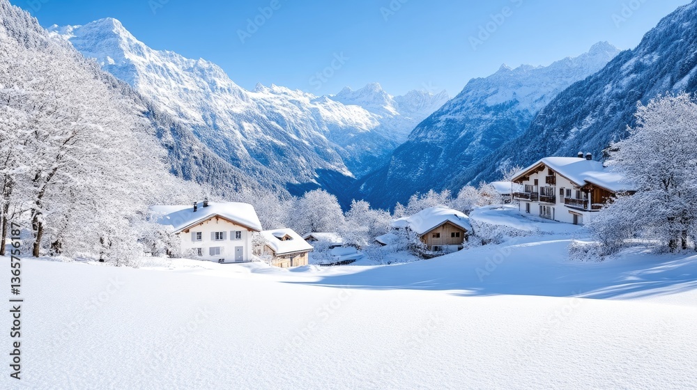 Snowy alpine village nestled in a valley, snow-covered houses and trees Snowy alpine village nestled in a valley, snow-covered houses and trees