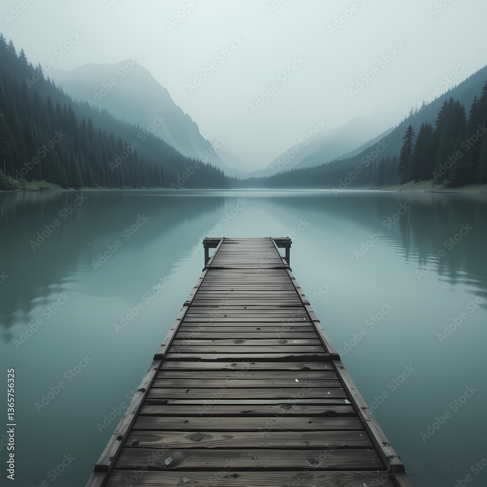 Serene Mountain Lake with Wooden Dock, Tranquil lake scene, misty mountains, wooden dock. Serene Mountain Lake with Wooden Dock, Tranquil lake scene, misty mountains, wooden dock.