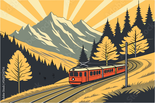 38 Scenic mountain railway, vibrant red train, golden autumn trees, dramatic sunbeams, majestic snow-capped peaks, winding track through valley, ethereal cloudscape, cinematic lighting, photorealistic