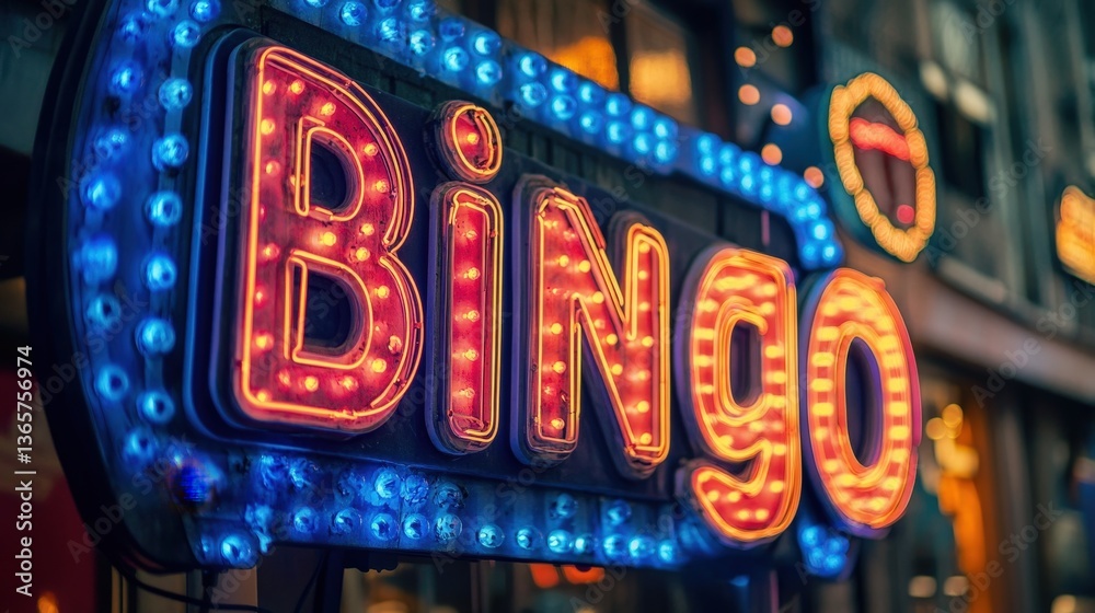 Vibrant neon bingo sign illuminating a lively street during a bustling evening in the city Generative AI Vibrant neon bingo sign illuminating a lively street during a bustling evening in the city Generative AI