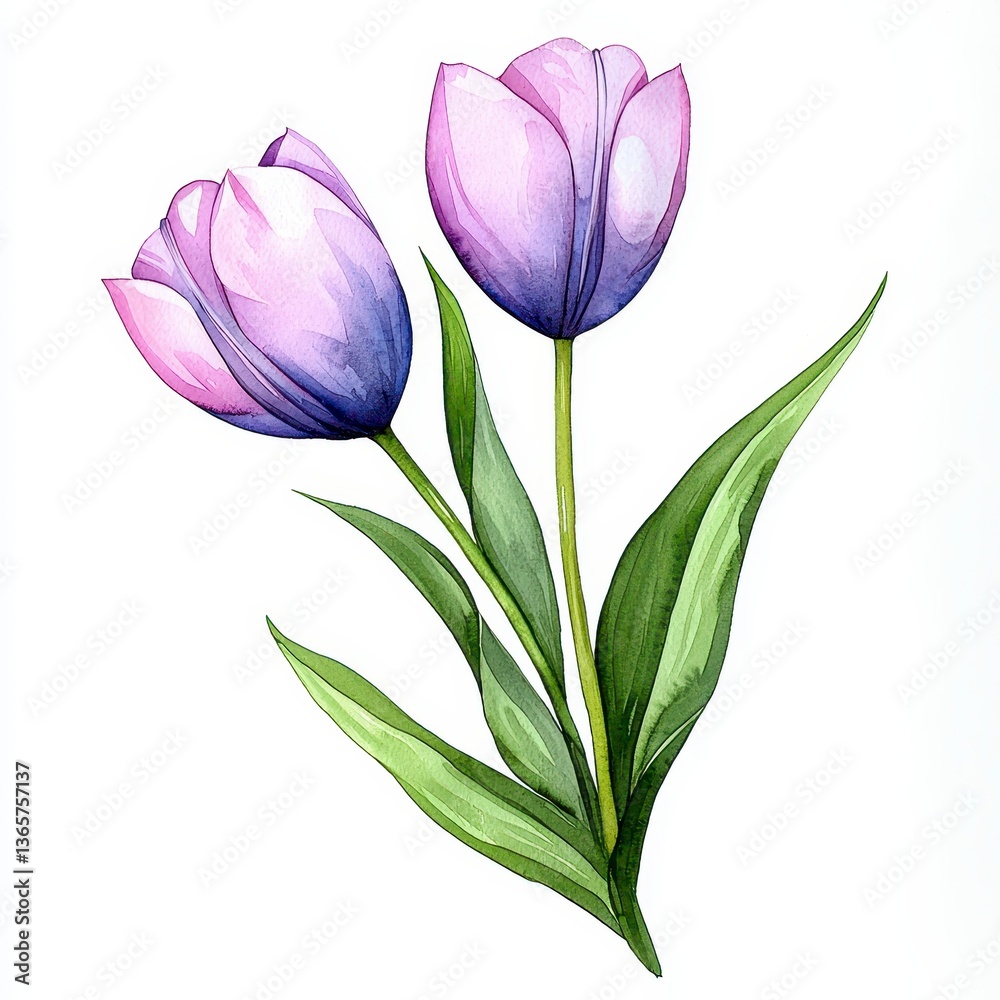 Fototapeta premium Delicate Watercolor Painting of Two Purple Tulips