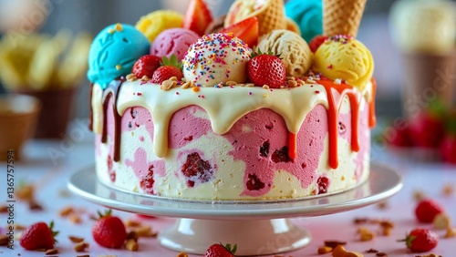 Vibrant ice cream cake with various flavors and toppings for summer celebration