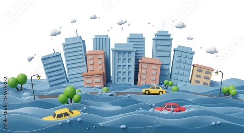 City Flooding Cartoon Render with Cars Submerged Disaster Illustration