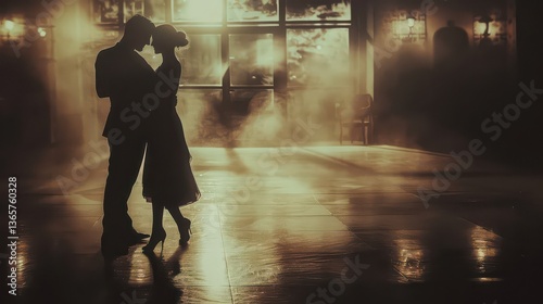 A couple dancing in a dimly lit ballroom, with shadowy outlines and soft grainy texture, evoking a vintage noir atmosphere.