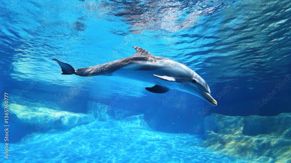 Obraz premium Dolphin swimming underwater blue