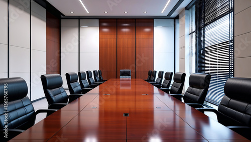 Large polished meeting table in a modern conference room with black leather chairs