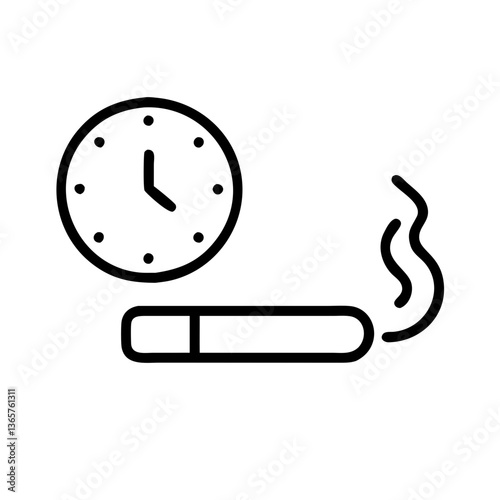 Cigarette and clock icon in minimalist style, black outline, symbol for shortened life due to smoking