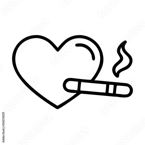 Heart and cigarette icon in minimalist style, black outline, symbol for heart disease awareness