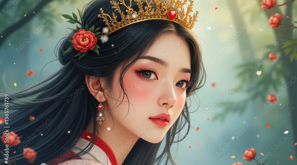 Fototapeta premium Close-up watercolor of an Asian woman with long hair, ornate crown, vibrant colors, subtle forest backdrop