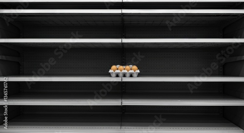 Empty grocery shelves with a lone carton of eggs on display in a supermarket aisle