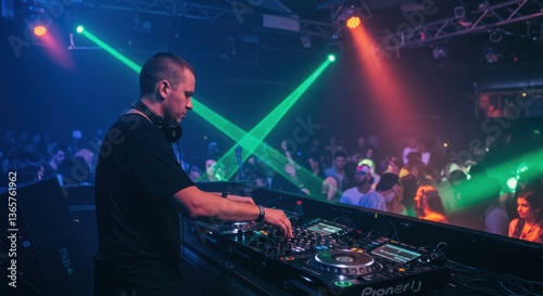 DJ performing live in a vibrant nightclub, with colorful laser lights and an energetic crowd