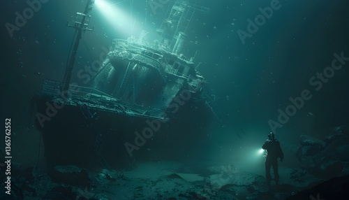 A deep-sea explorer shining a light on a massive sunken shipwreck, shadows moving in the water, cinematic underwater adventure