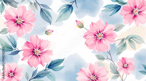 Blue and pink flowers seamless pattern. Floral endless print.Wildflowers.Watercolor flower background.Retro style