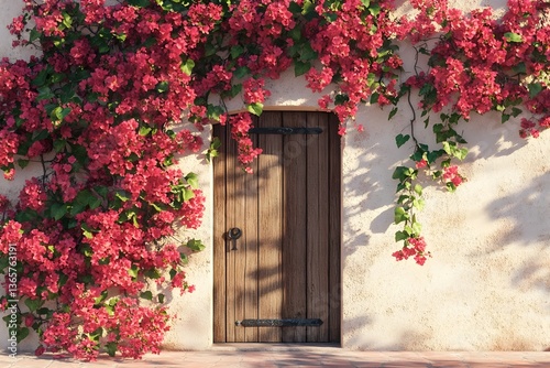 Fototapeta Naklejka Na Ścianę i Meble -  A beautiful bougainvillea plant covers the wall of an old Spanish house with a wooden door.