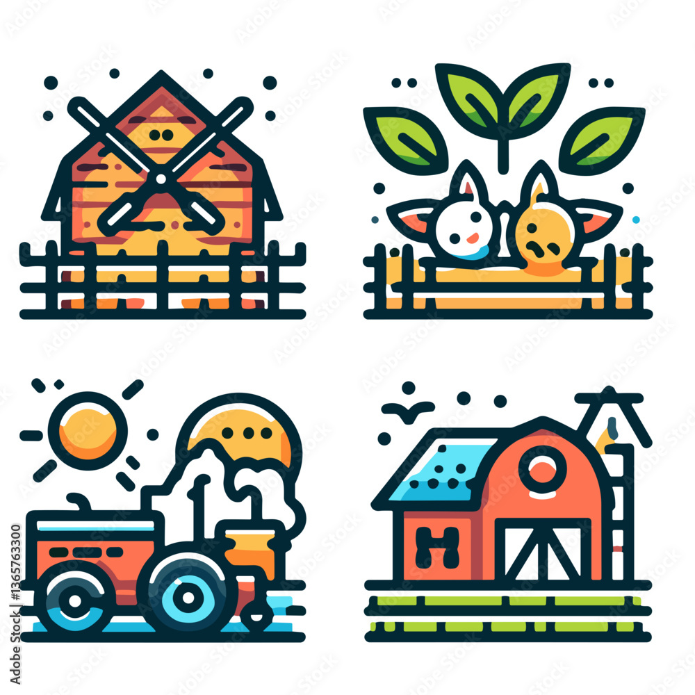 Naklejka premium Farm-themed illustrations featuring animals and landscapes. Farm life 