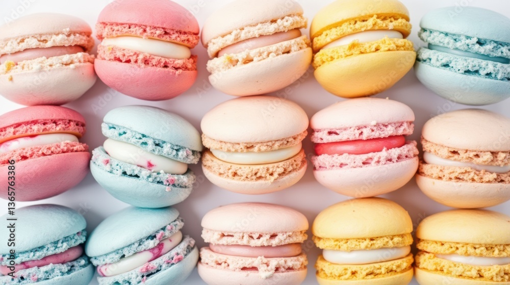 Fototapeta premium Square banner of colorful macarons in mocco and white, arranged in a circle, white backdrop, generative AI charm