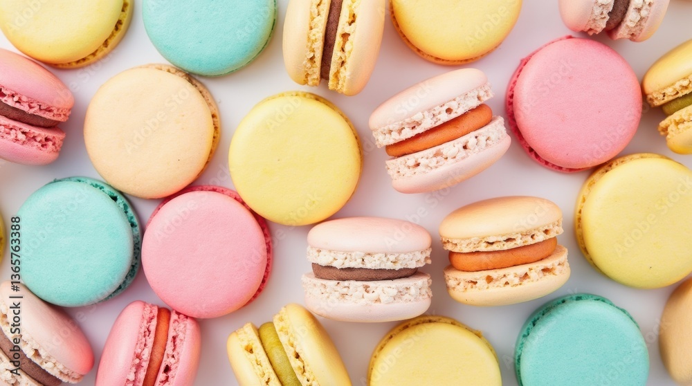 Square banner of colorful macarons in mocco and white, arranged in a circle, white backdrop, generative AI charm Square banner of colorful macarons in mocco and white, arranged in a circle, white backdrop, generative AI charm