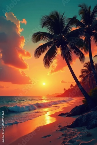 Vintage style palm tree beach with sunset colors , warm light, vintage