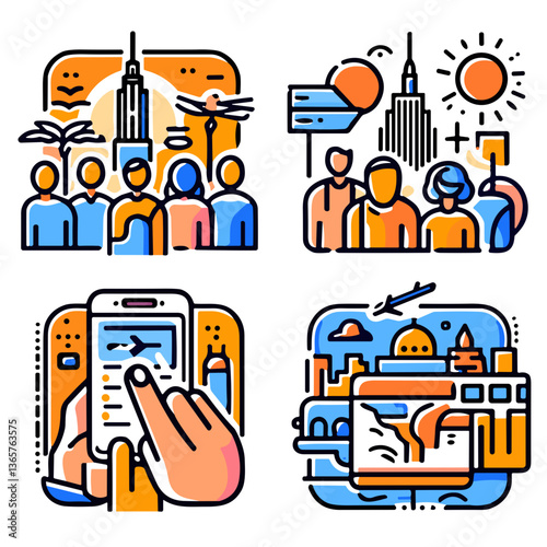 Illustrative Travel Concepts Featuring People, Landmarks, and Technology. Guided tour  