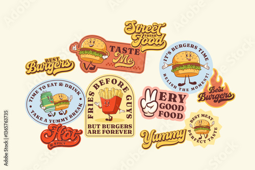 Groovy Burger Retro Character Stickers Set. Cartoon Hamburger, French Fries, Beer Walking and Smiling. Vector Street Food Mascot Templates Patches Collection. Vintage Fast Food Illustrations Isolated