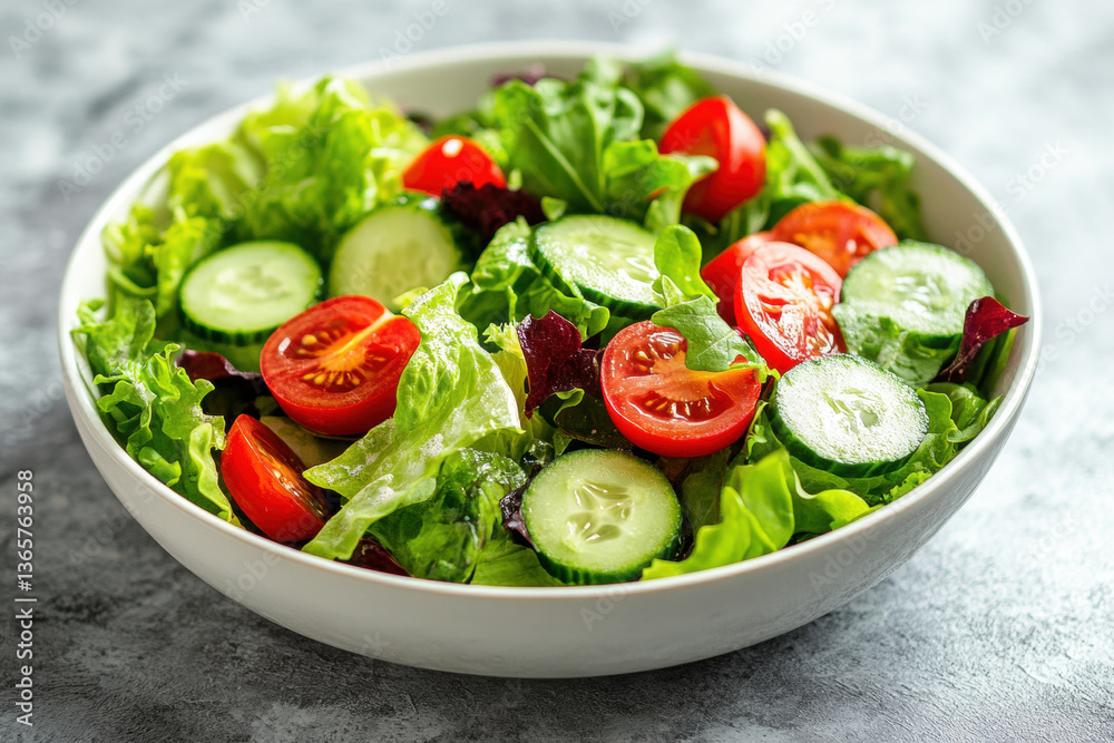 Bowl of salad with cucumbers and tomatoes on a wooden table, freshly chopped and ready to be served.
