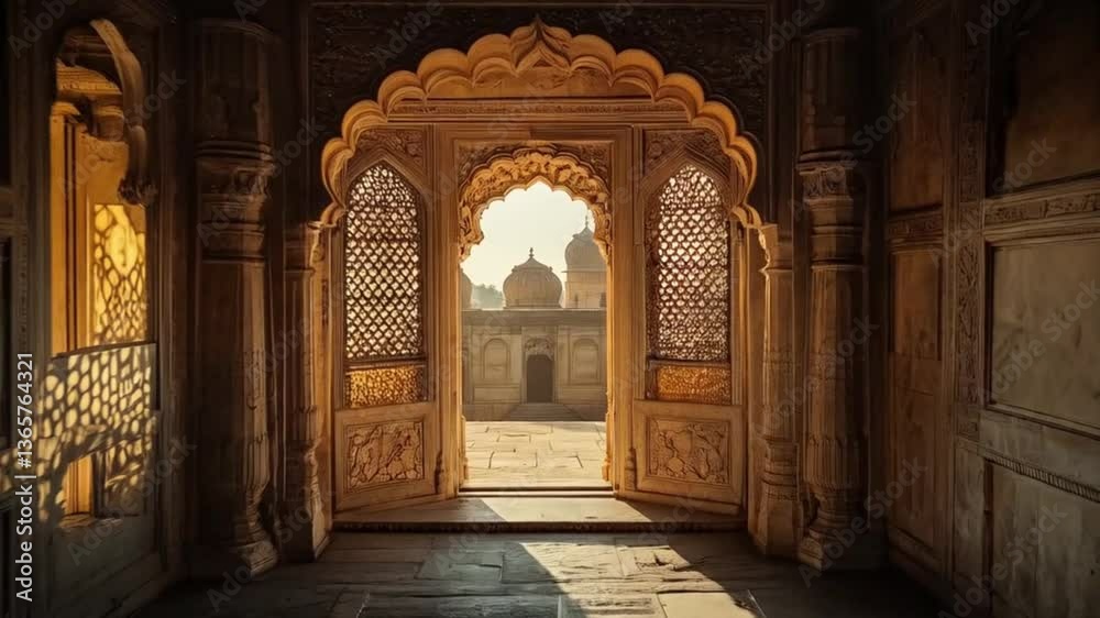 A large archway with a window in the middle. Smooth repeating motion for background video animation.