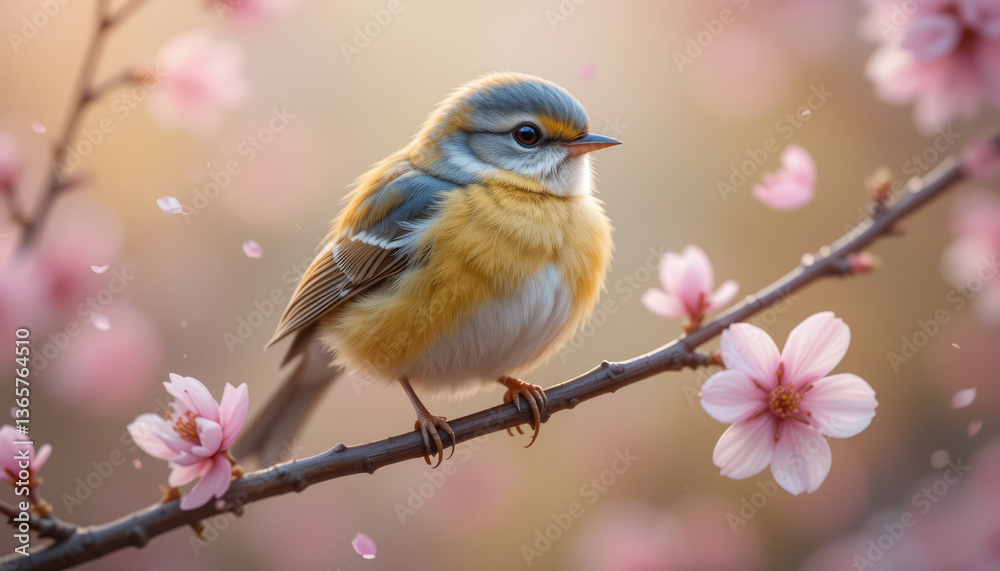 Fototapeta premium Songbird Perched on a Blooming Cherry Blossom Branch in Springtime